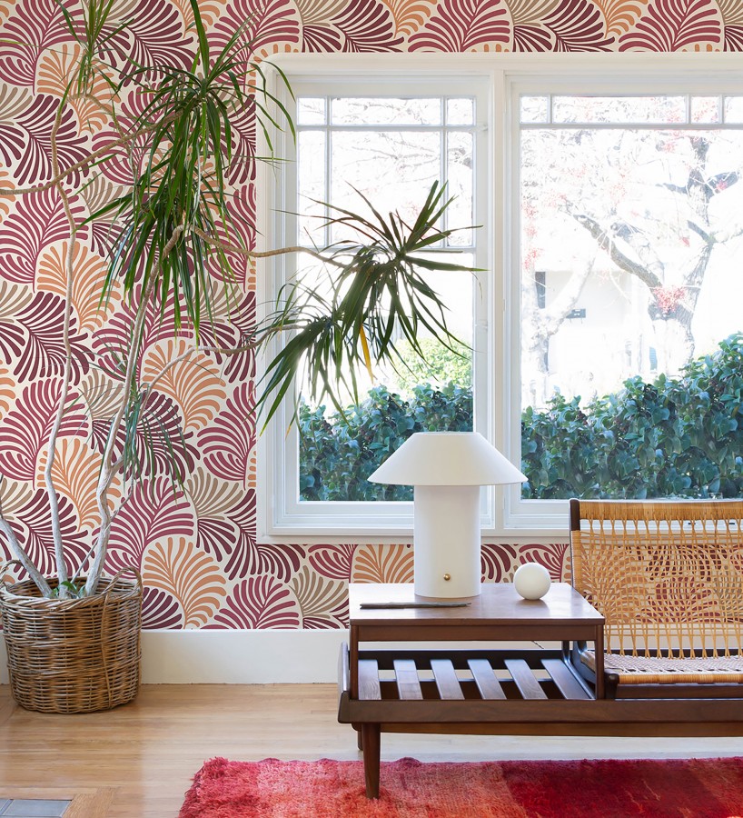 Papel pintado de hojas estilo retro colores rojo y naranja  Amara Palms 683826