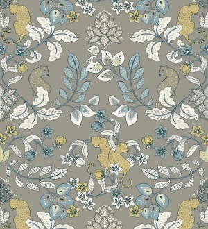 Papel pintado jardín de leopardos fondo gris cálido Liana Eden 683832