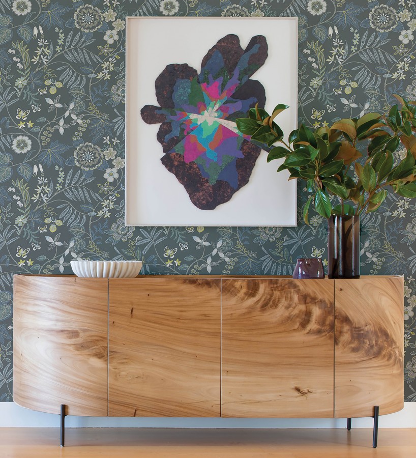 Papel pintado botánico con flores pintadas en técnica de puntillismo  Jasmine Grove 683834