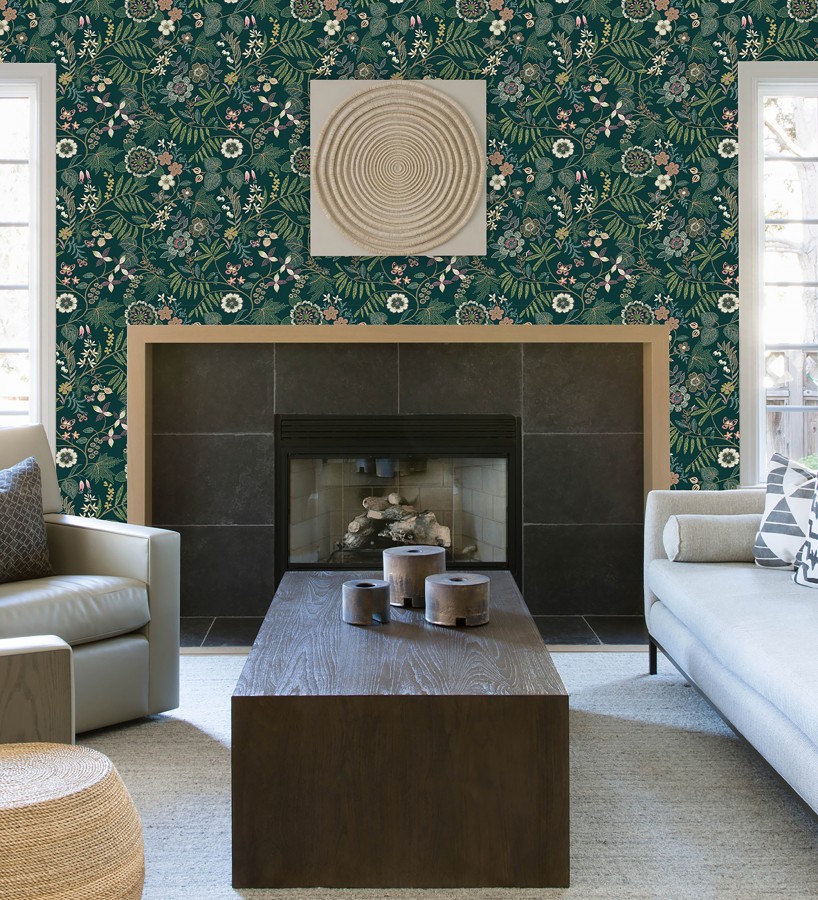 Papel pintado botánico con flores pintadas en técnica de puntillismo  Jasmine Grove 683837