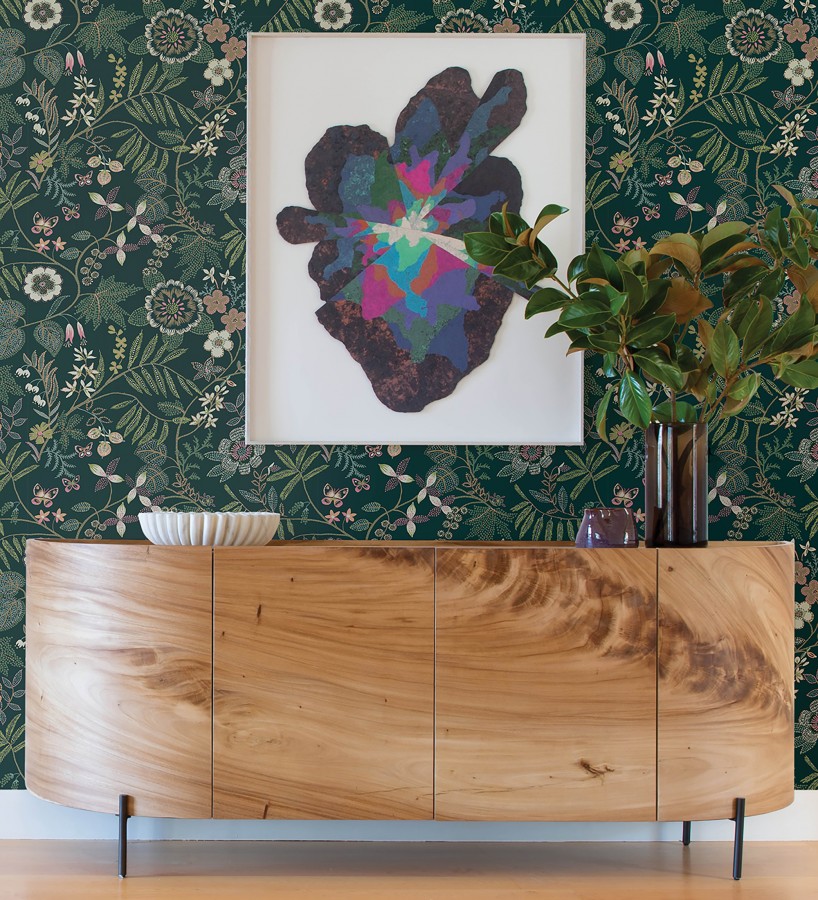 Papel pintado botánico con flores pintadas en técnica de puntillismo  Jasmine Grove 683837