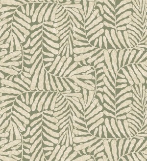 Papel pintado minimalista de hojas nacaradas fondo verde oliva Riviera Opulent 683844