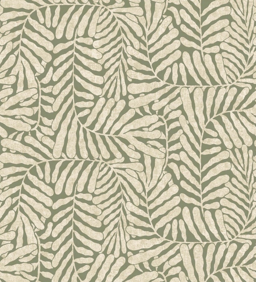 Papel pintado minimalista de hojas nacaradas fondo verde oliva  Riviera Opulent 683844