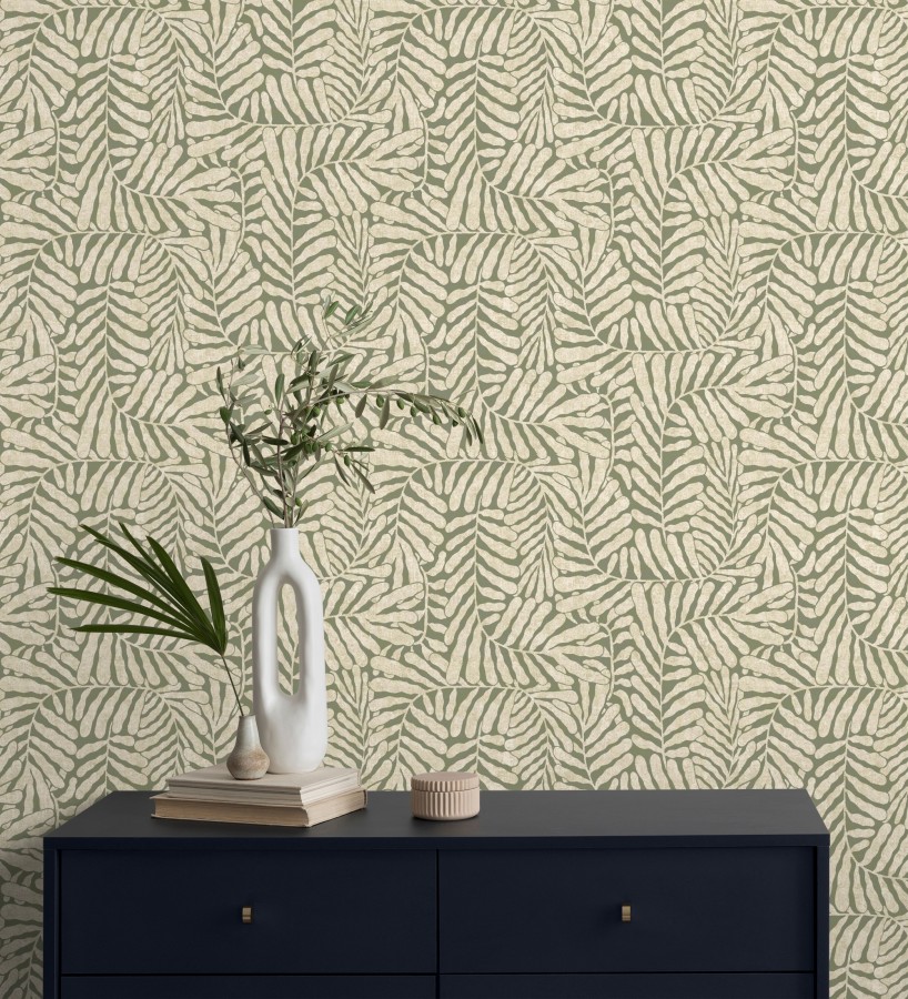 Papel pintado minimalista de hojas nacaradas fondo verde oliva  Riviera Opulent 683844
