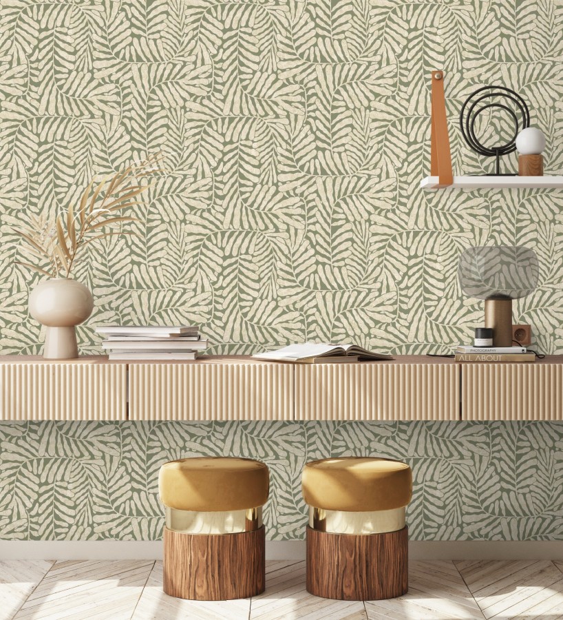 Papel pintado minimalista de hojas nacaradas fondo verde oliva  Riviera Opulent 683844