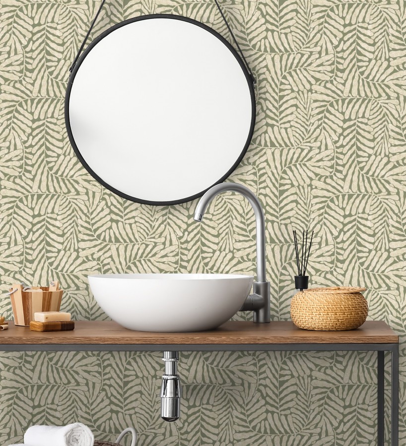 Papel pintado minimalista de hojas nacaradas fondo verde oliva  Riviera Opulent 683844