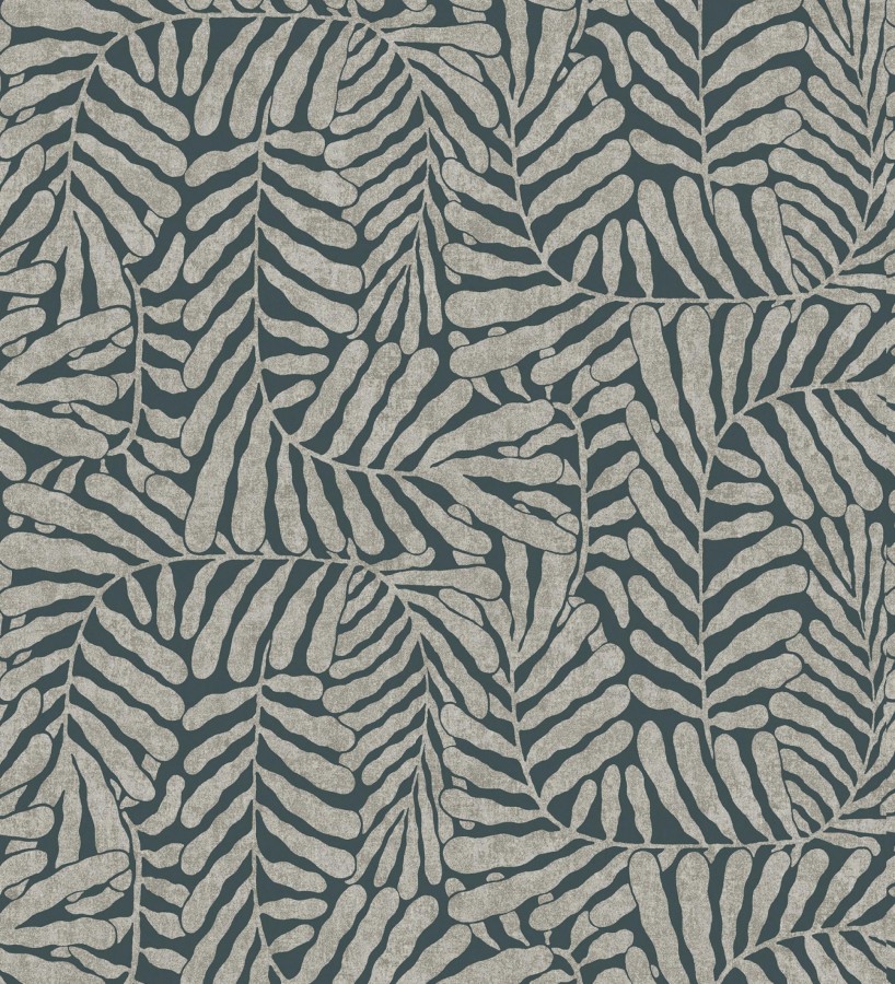 Papel pintado minimalista de hojas nacaradas fondo azul plomo  Riviera Opulent 683845