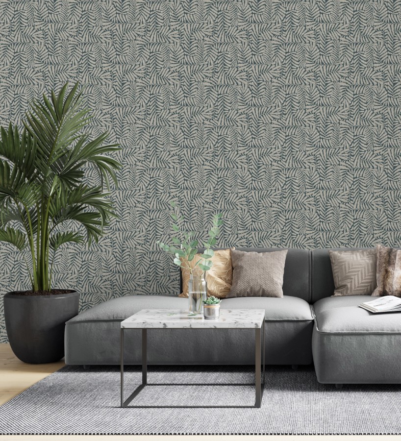 Papel pintado minimalista de hojas nacaradas fondo azul plomo  Riviera Opulent 683845