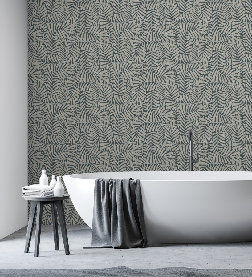 Papel pintado minimalista de hojas nacaradas fondo azul plomo  Riviera Opulent 683845