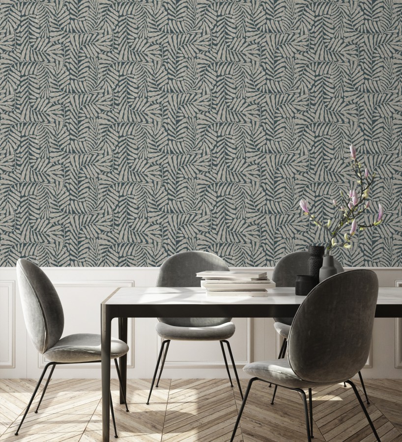 Papel pintado minimalista de hojas nacaradas fondo azul plomo  Riviera Opulent 683845