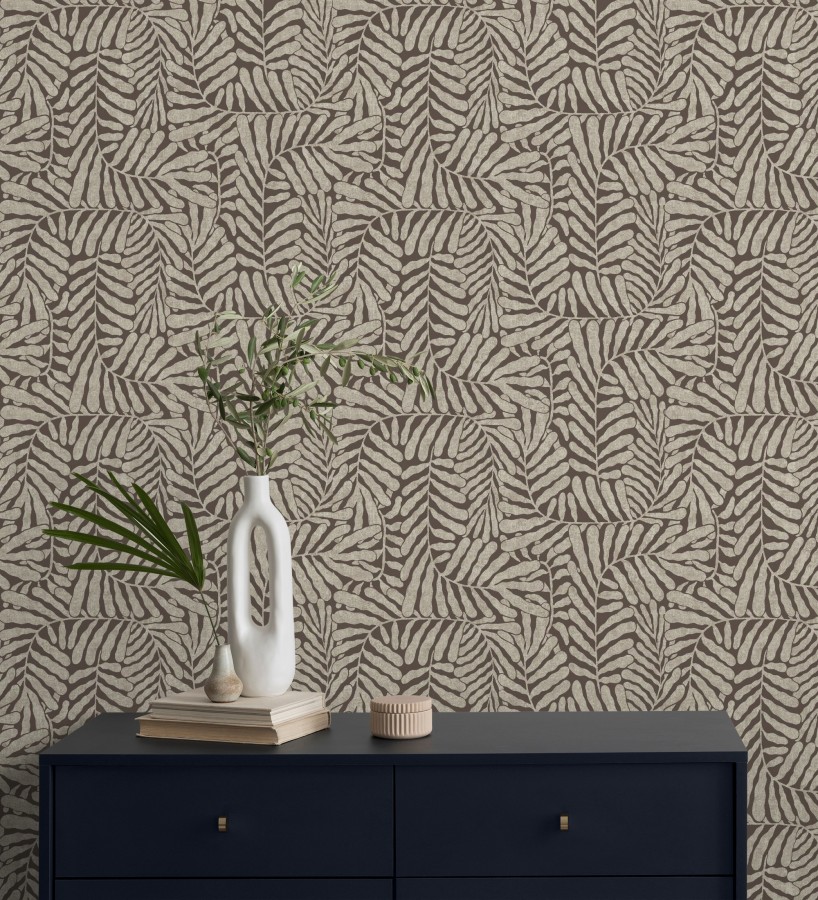 Papel pintado minimalista de hojas nacaradas fondo marrón  Riviera Opulent 683846
