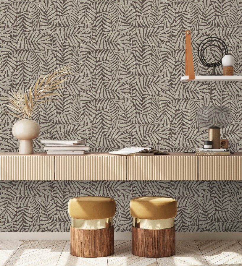 Papel pintado minimalista de hojas nacaradas fondo marrón  Riviera Opulent 683846