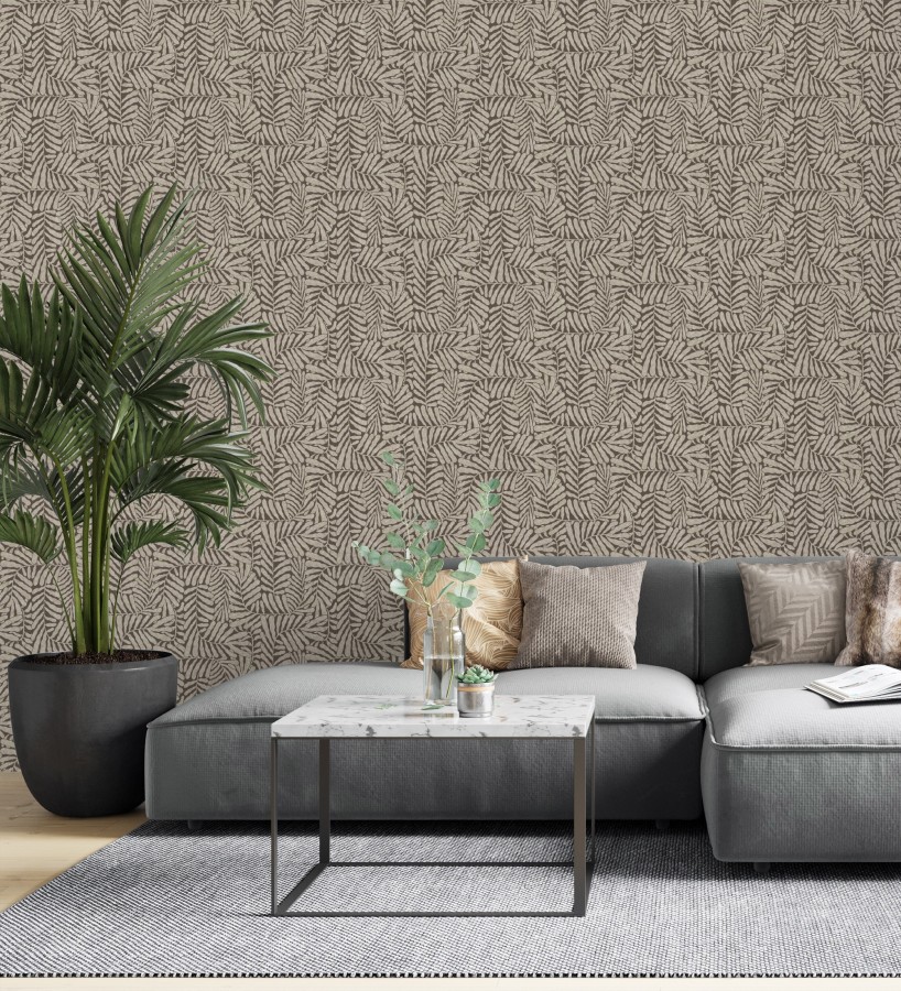 Papel pintado minimalista de hojas nacaradas fondo marrón  Riviera Opulent 683846