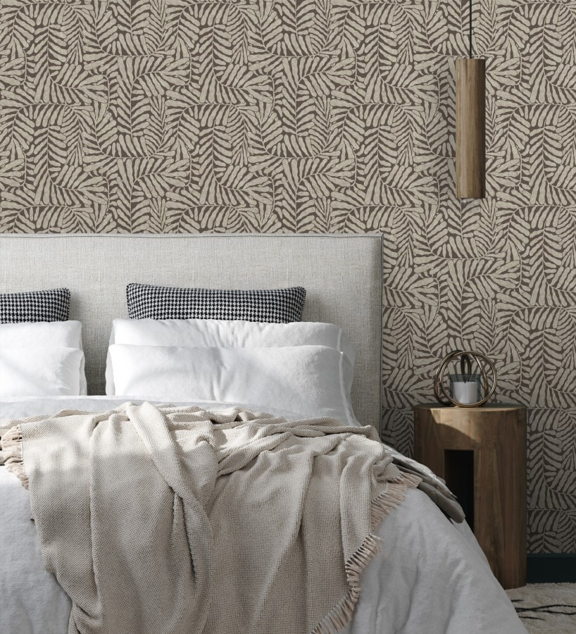 Papel pintado minimalista de hojas nacaradas fondo marrón  Riviera Opulent 683846