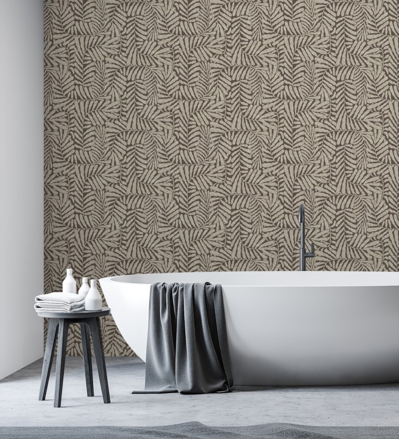 Papel pintado minimalista de hojas nacaradas fondo marrón  Riviera Opulent 683846