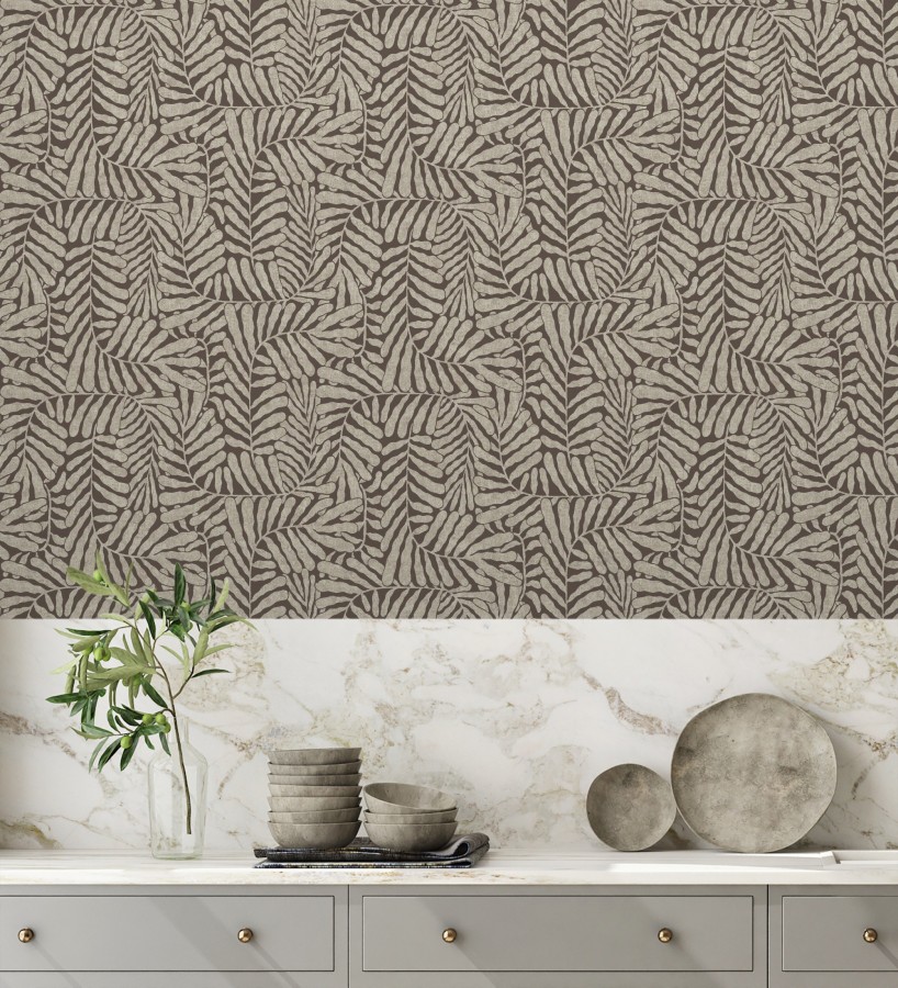 Papel pintado minimalista de hojas nacaradas fondo marrón  Riviera Opulent 683846