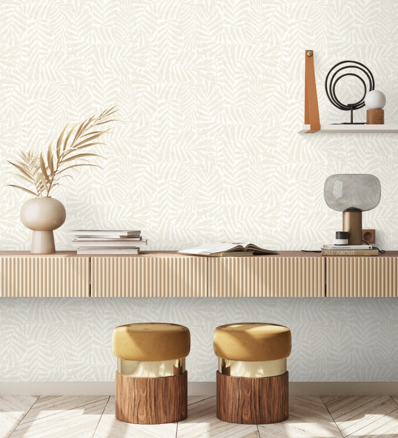 Papel pintado minimalista de hojas nacaradas fondo blanco  Riviera Opulent 683847