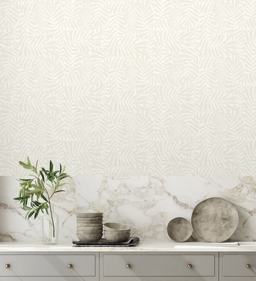 Papel pintado minimalista de hojas nacaradas fondo blanco  Riviera Opulent 683847