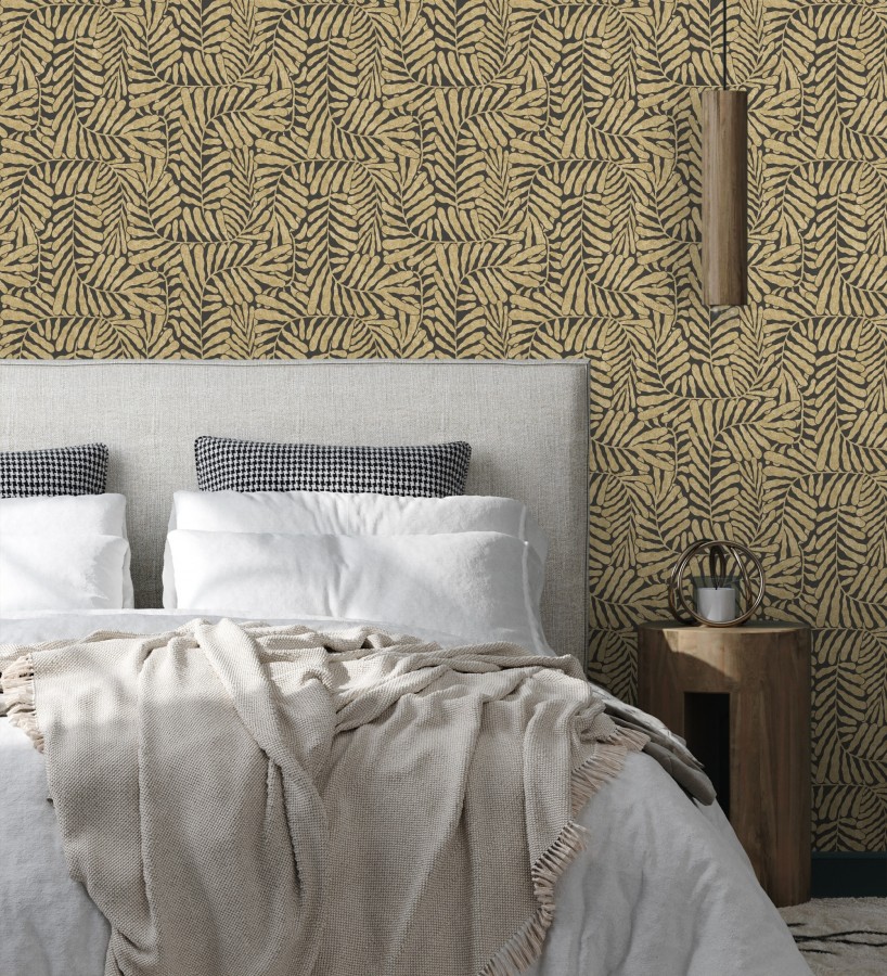 Papel pintado minimalista de hojas nacaradas fondo negro  Riviera Opulent 683848