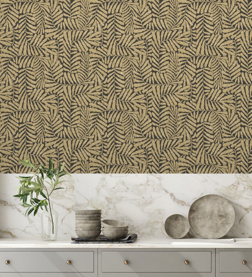 Papel pintado minimalista de hojas nacaradas fondo negro  Riviera Opulent 683848