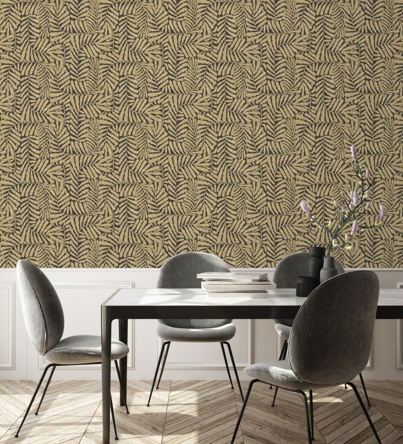 Papel pintado minimalista de hojas nacaradas fondo negro  Riviera Opulent 683848