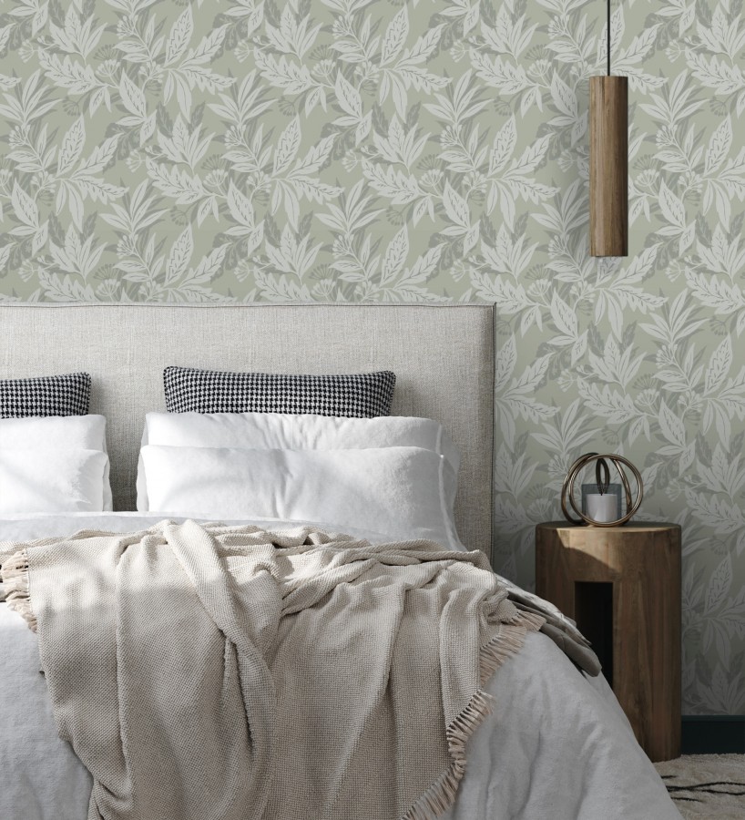 Papel pintado artesanal de hojas estampadas con pintura  Claridge Opaline 683858