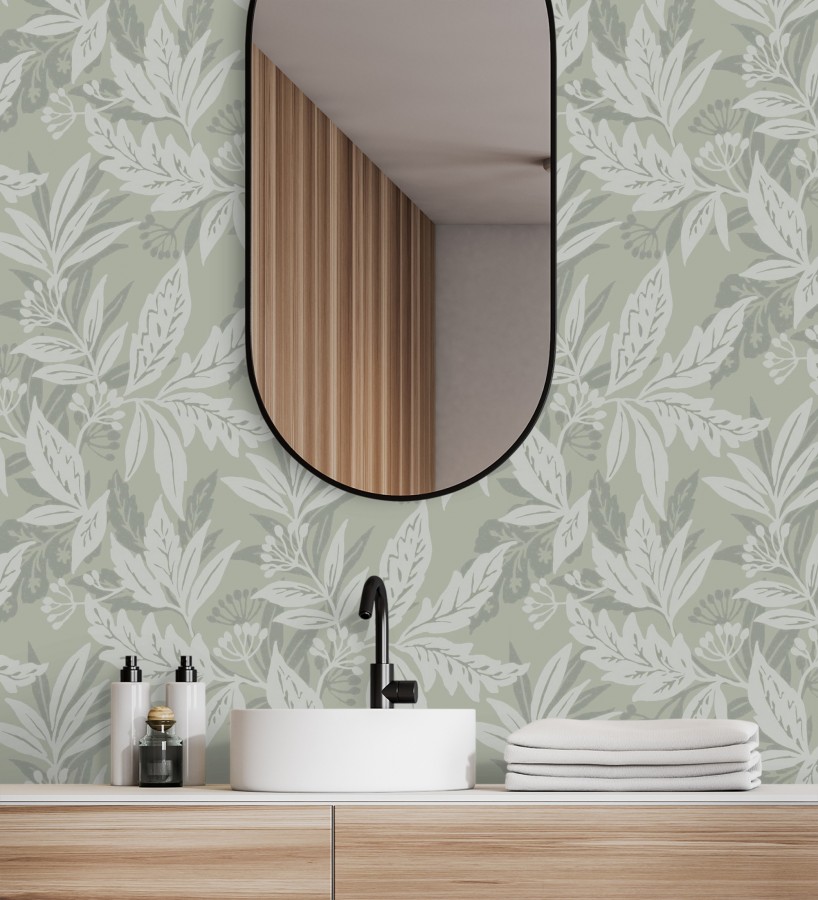 Papel pintado artesanal de hojas estampadas con pintura  Claridge Opaline 683858