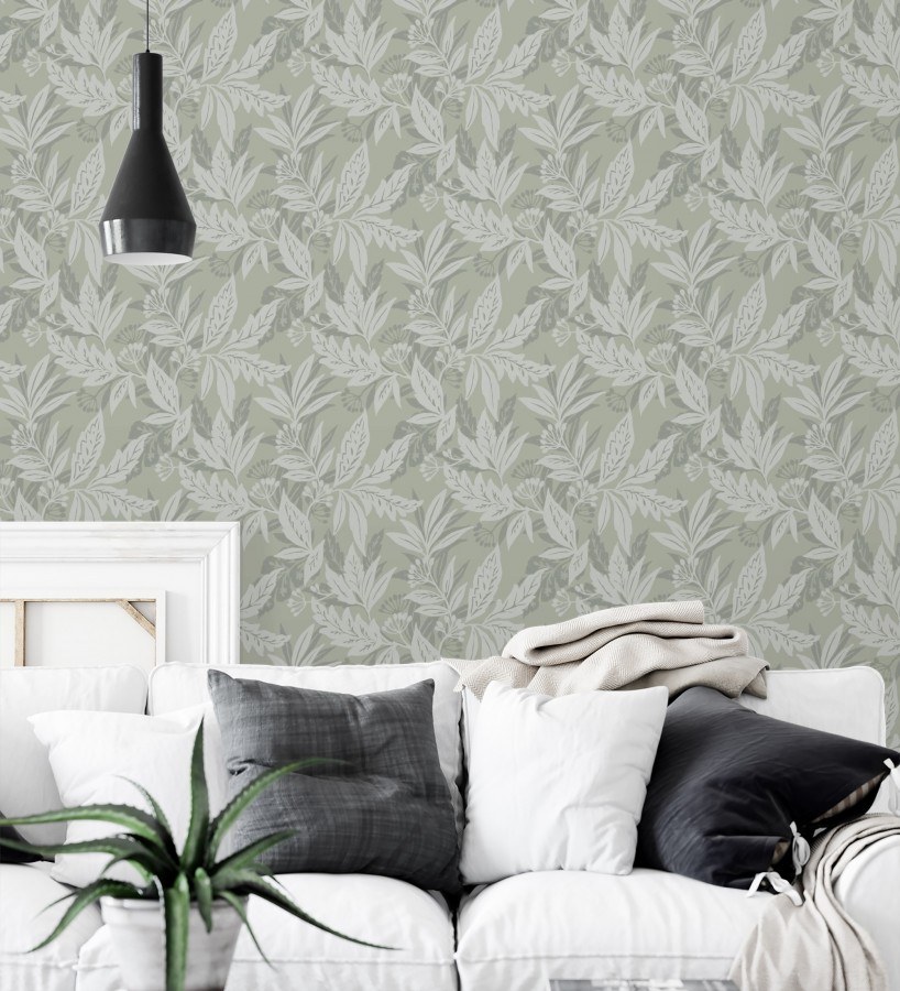 Papel pintado artesanal de hojas estampadas con pintura  Claridge Opaline 683858