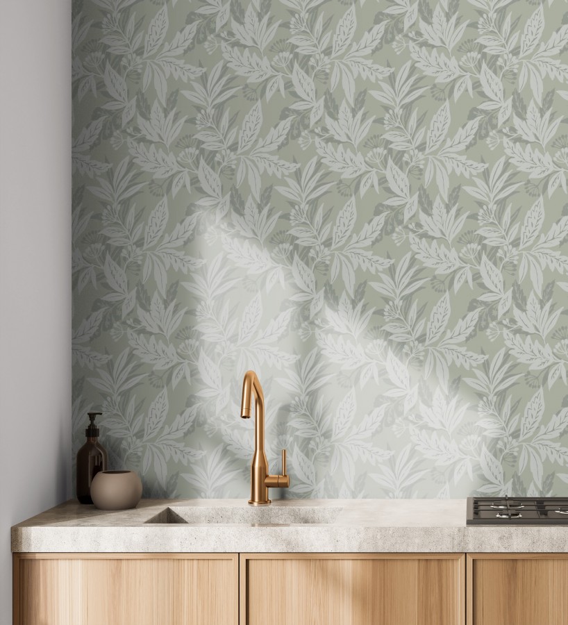 Papel pintado artesanal de hojas estampadas con pintura  Claridge Opaline 683858