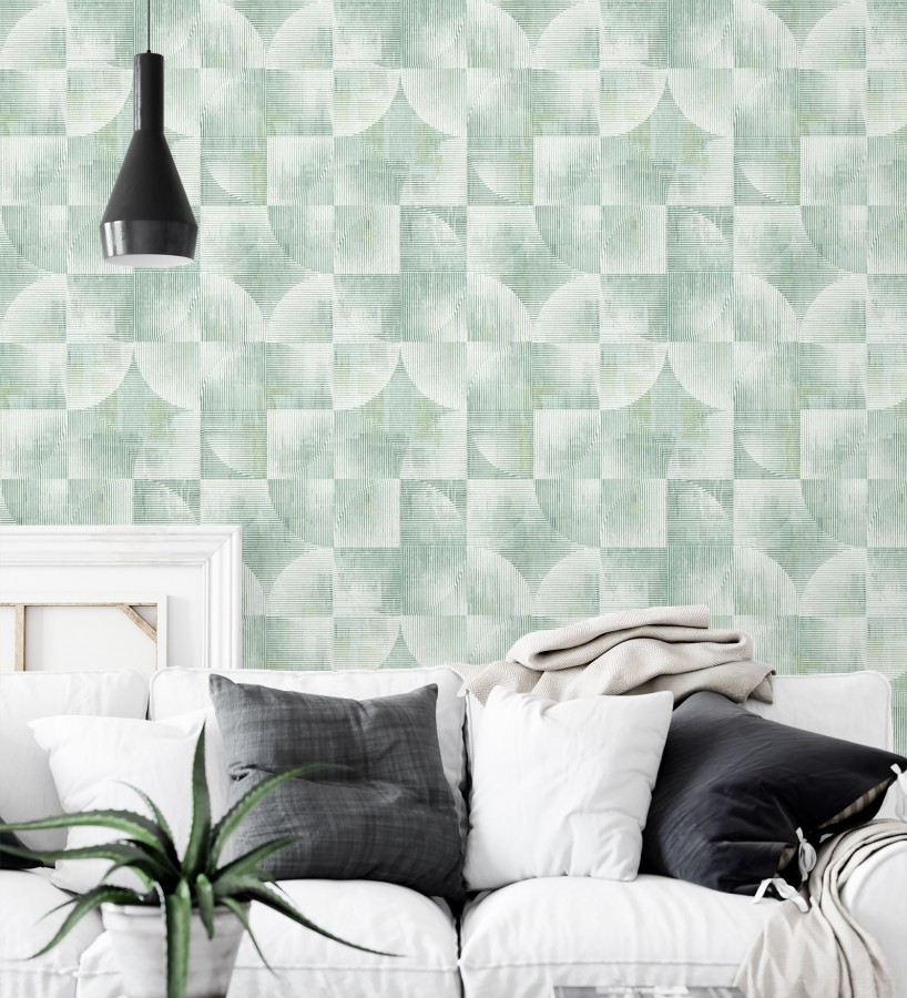 Papel pintado geométrico retro tonos desgastados verde manzana  Harlem Rhythmic 683871