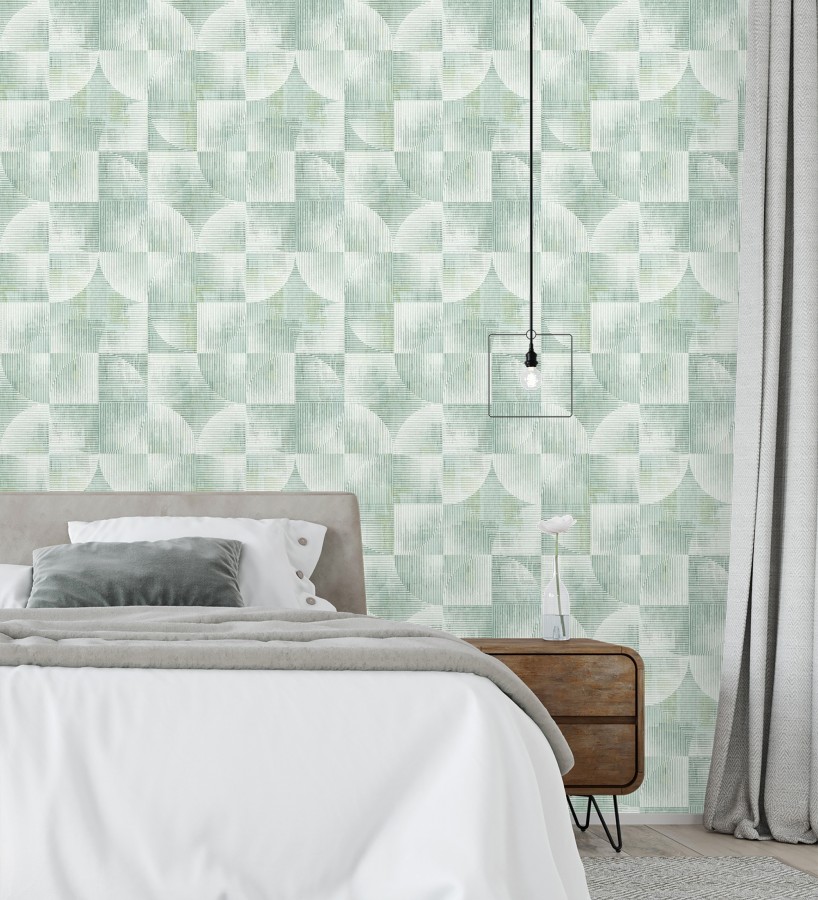 Papel pintado geométrico retro tonos desgastados verde manzana  Harlem Rhythmic 683871