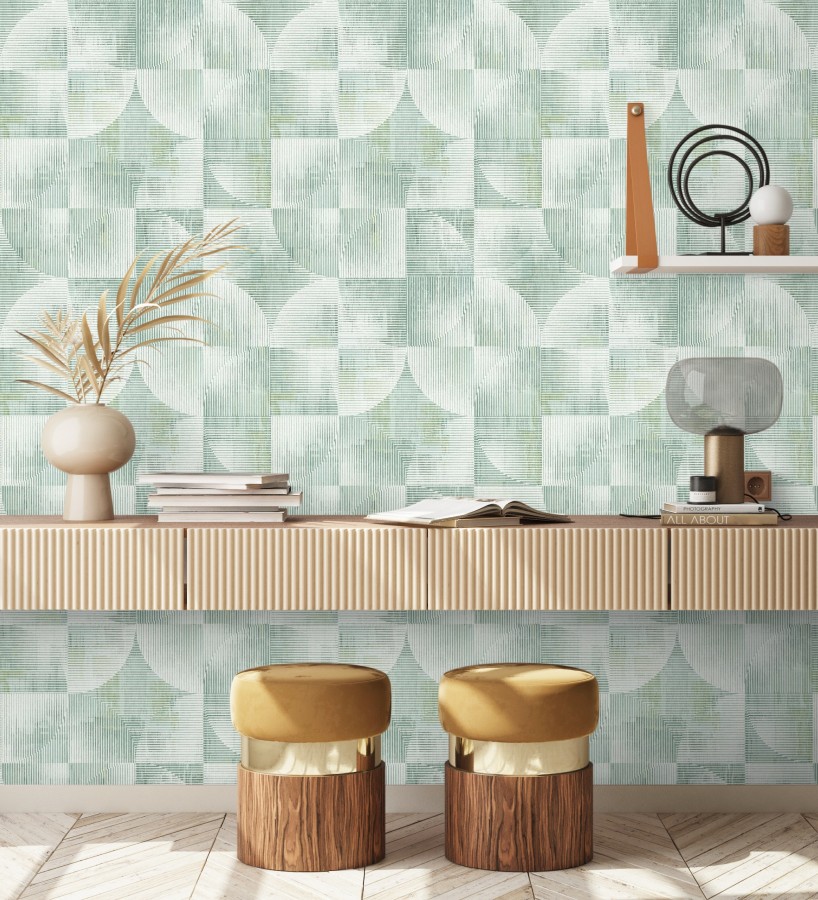 Papel pintado geométrico retro tonos desgastados verde manzana  Harlem Rhythmic 683871