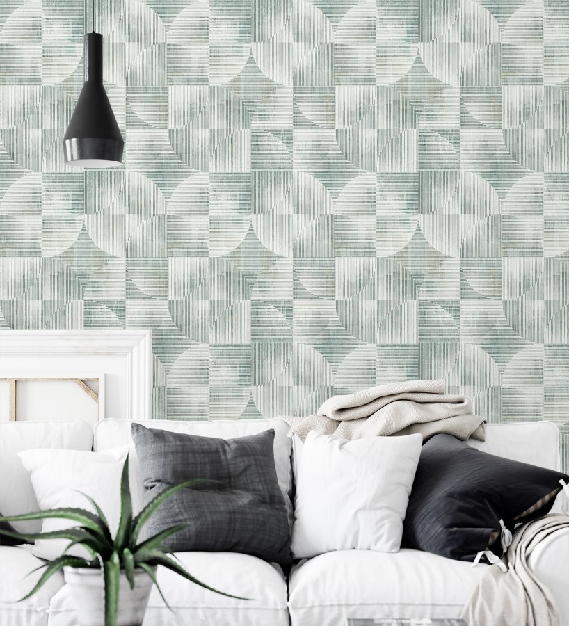 Papel pintado geométrico retro tonos desgastados verde laurel  Harlem Rhythmic 683874