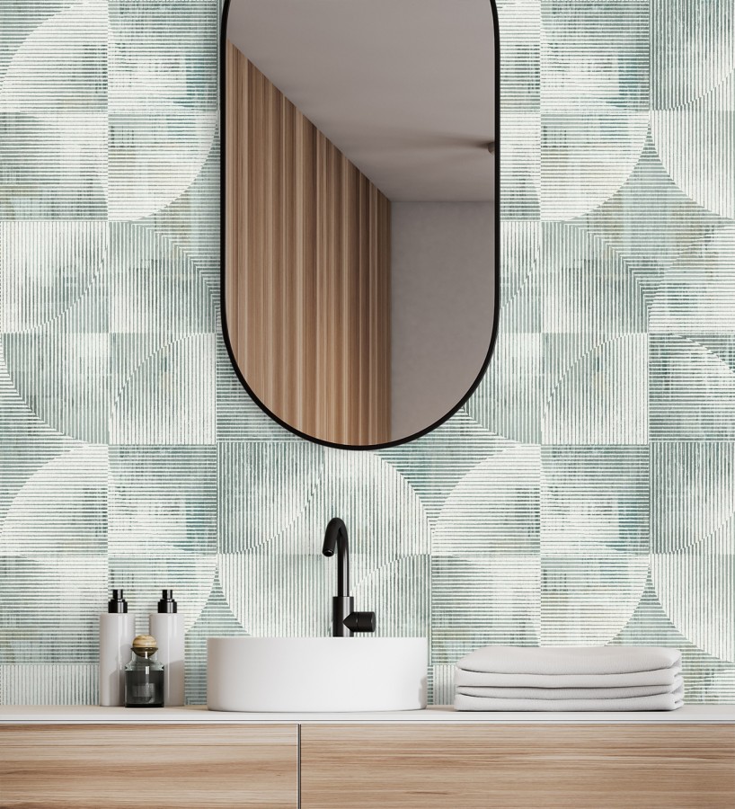 Papel pintado geométrico retro tonos desgastados verde laurel  Harlem Rhythmic 683874