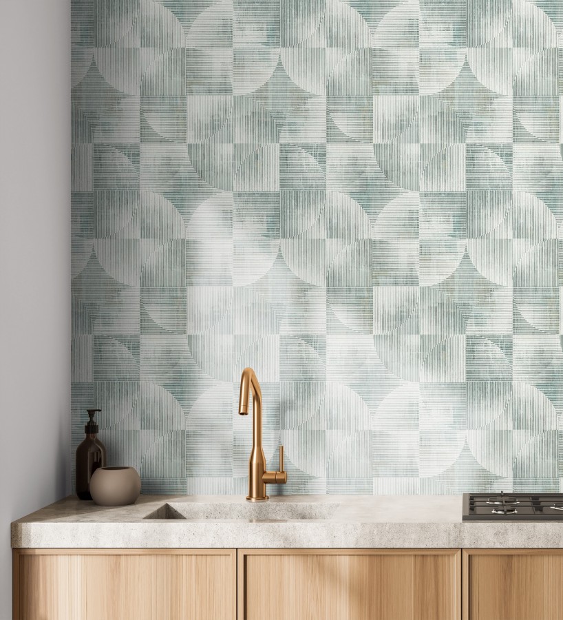 Papel pintado geométrico retro tonos desgastados verde laurel  Harlem Rhythmic 683874