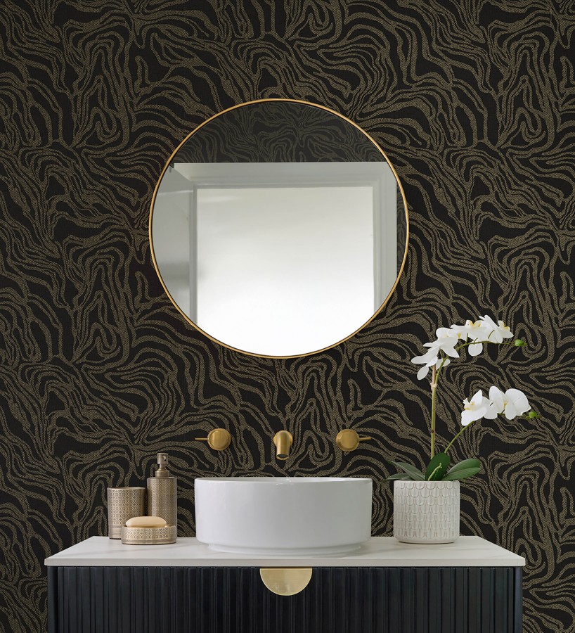 Papel pintado abstracto de ondas orgánicas color dorado y negro  Caspian Waves 683894