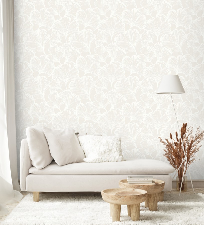 Papel pintado hojas ginkgo biloba color blanco y beige nacarado  Sofia Leaves 683895