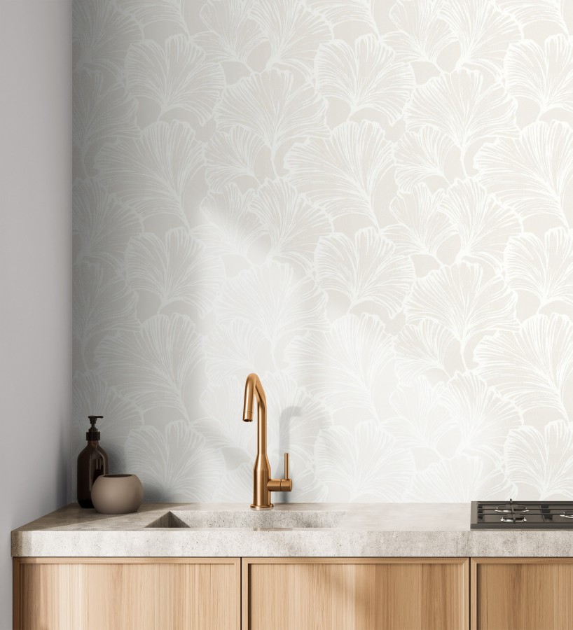 Papel pintado hojas ginkgo biloba color blanco y beige nacarado  Sofia Leaves 683895