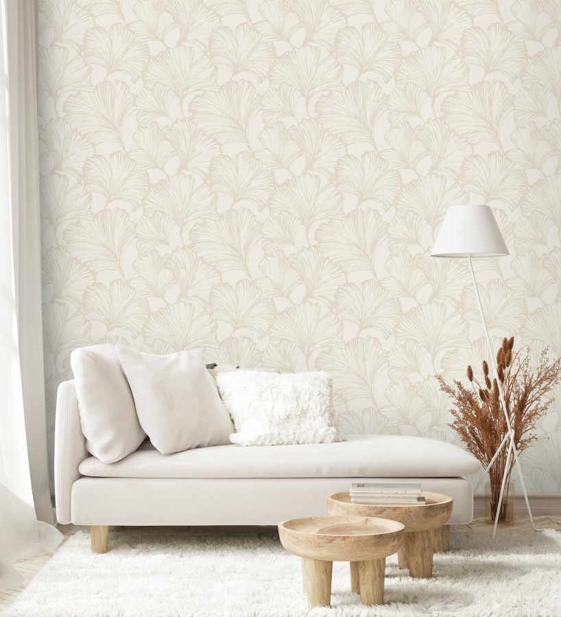 Papel pintado hojas ginkgo biloba color nácar y arena  Sofia Leaves 683896