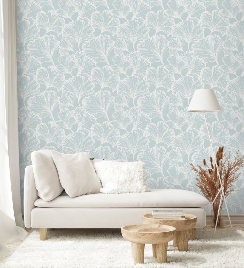 Papel pintado hojas ginkgo biloba color blanco y azul  Sofia Leaves 683897