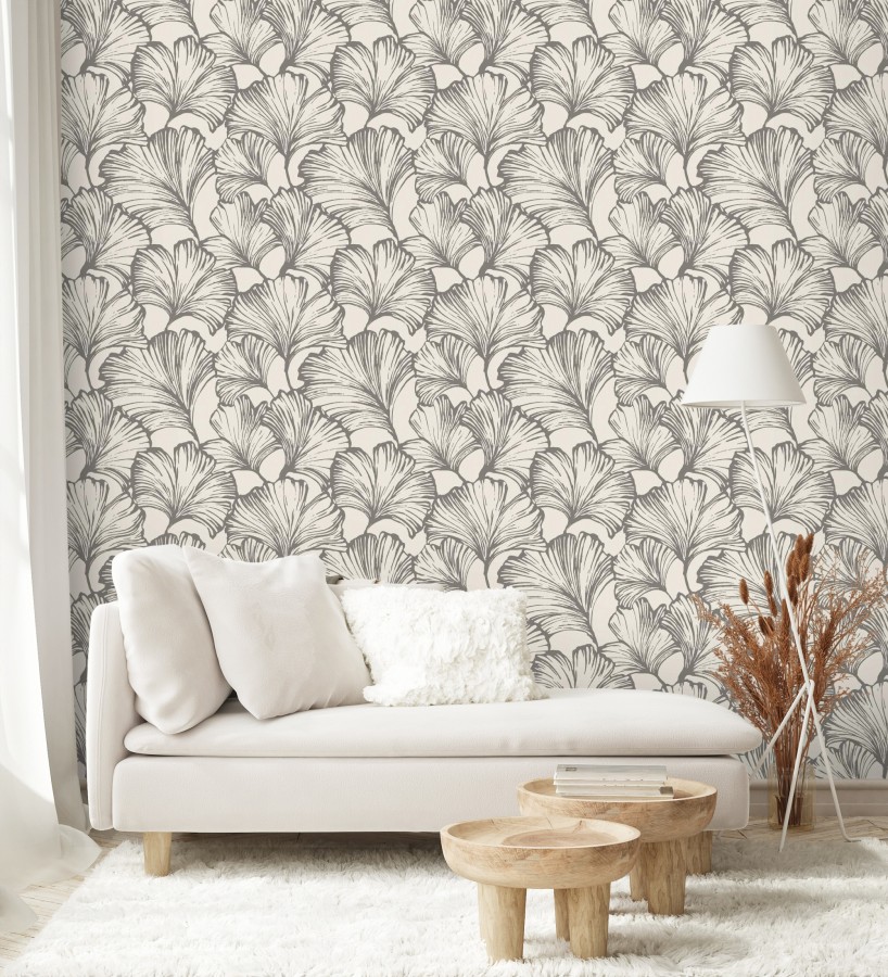 Papel pintado hojas ginkgo biloba color negro y crema claro  Sofia Leaves 683898