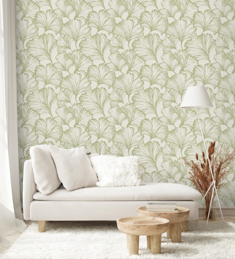 Papel pintado hojas ginkgo biloba color verde y crema claro  Sofia Leaves 683899
