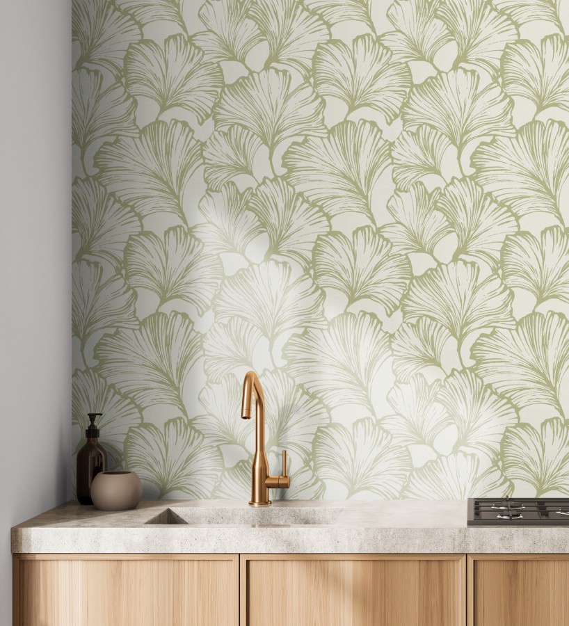 Papel pintado hojas ginkgo biloba color verde y crema claro  Sofia Leaves 683899