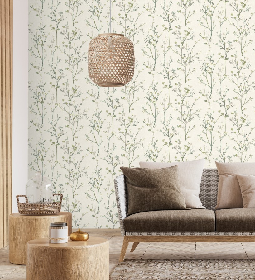 Papel pintado ramas artísticas en acuarela fondo tejido de lino  Zinnia Prairie 683904