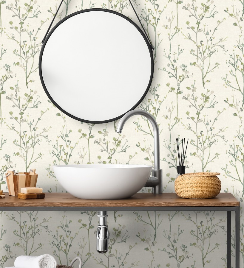 Papel pintado ramas artísticas en acuarela fondo tejido de lino  Zinnia Prairie 683904