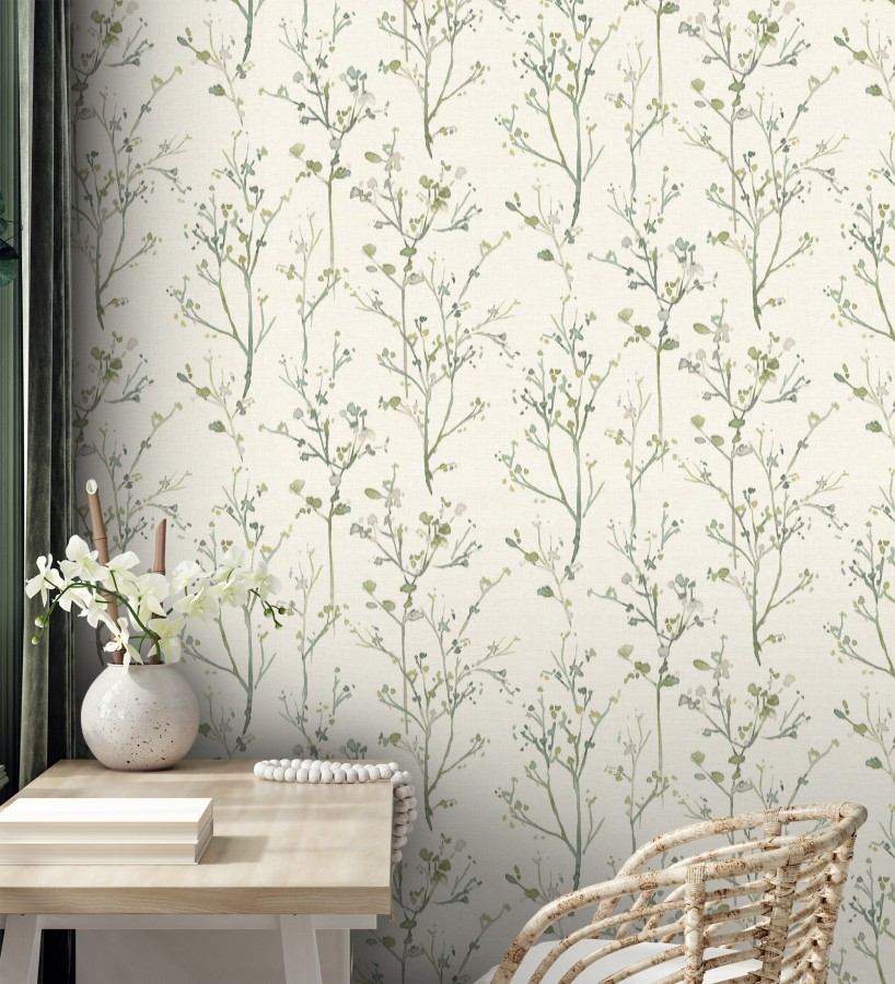 Papel pintado ramas artísticas en acuarela fondo tejido de lino  Zinnia Prairie 683904