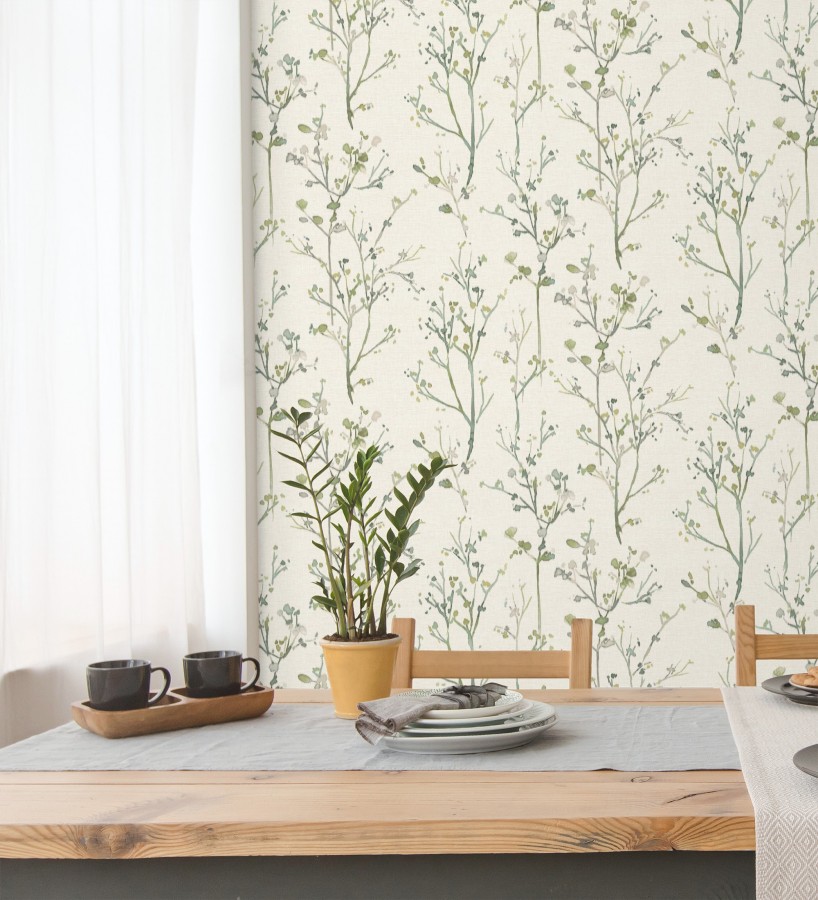 Papel pintado ramas artísticas en acuarela fondo tejido de lino  Zinnia Prairie 683904