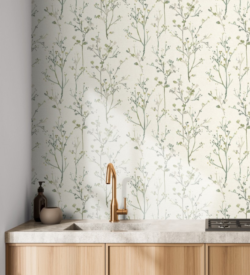 Papel pintado ramas artísticas en acuarela fondo tejido de lino  Zinnia Prairie 683904