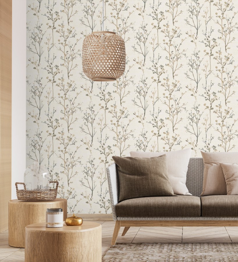 Papel pintado ramas artísticas en acuarela fondo tejido de lino  Zinnia Prairie 683905