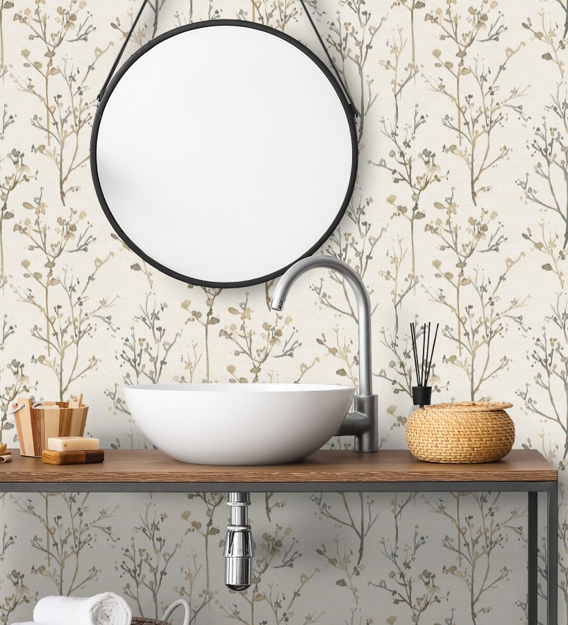 Papel pintado ramas artísticas en acuarela fondo tejido de lino  Zinnia Prairie 683905